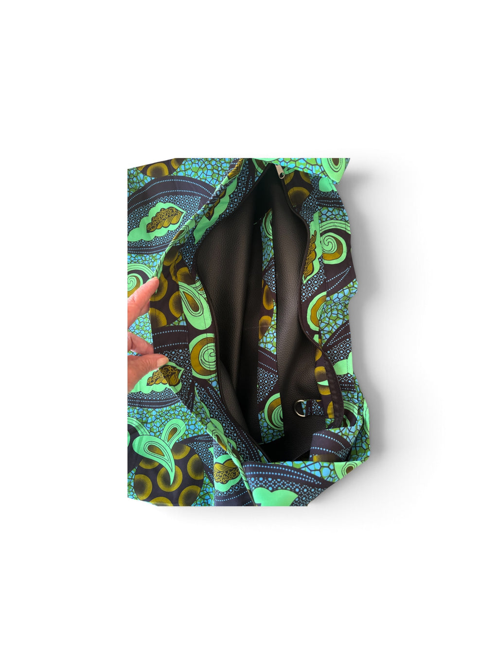 Feruzi kitenge beach bag by Nguvu, handmade in Tanzania, detail view