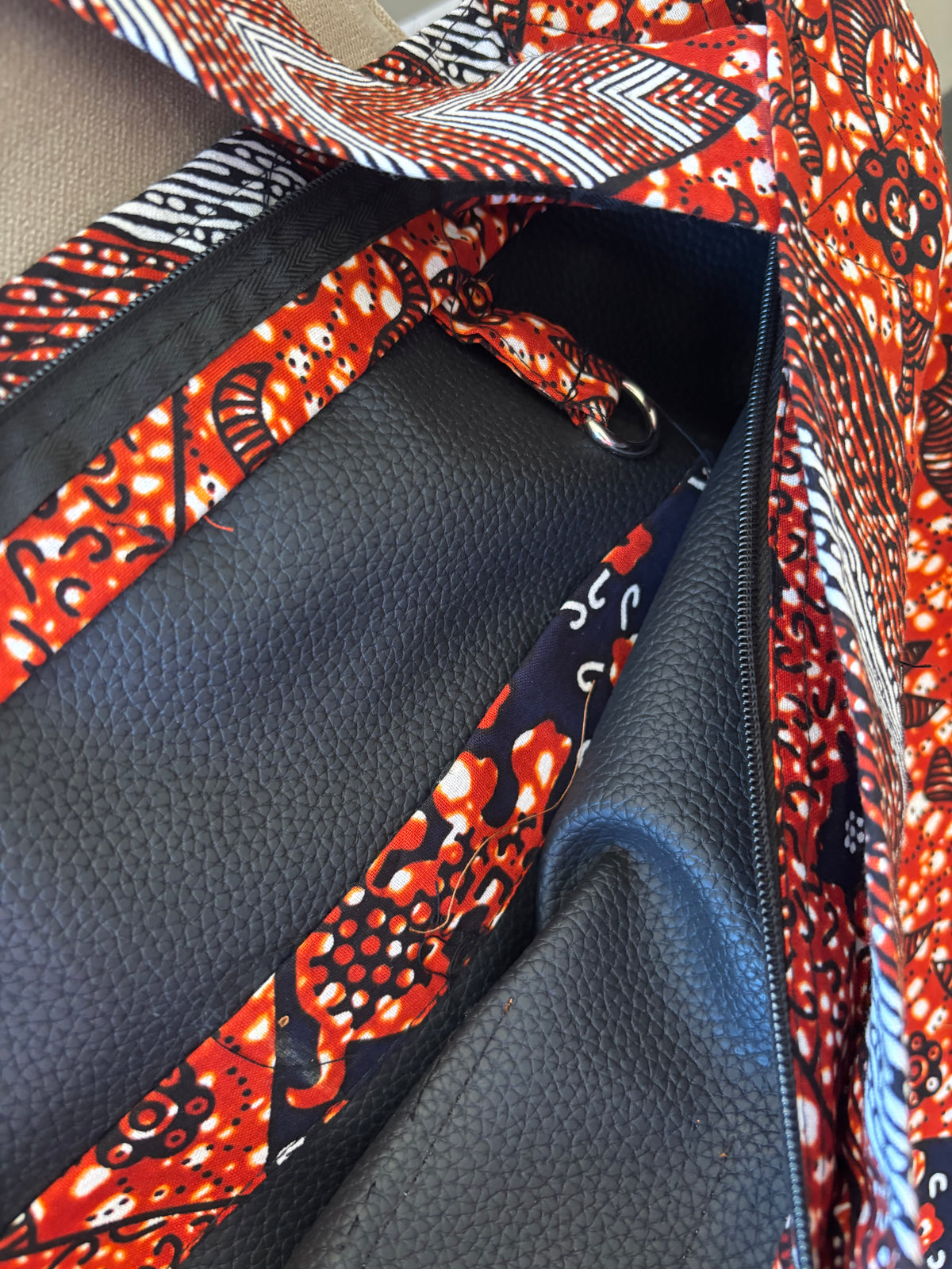 Jioni kitenge beach bag by Nguvu, handmade in Tanzania, detail view